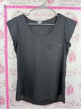 Kismet shirt dotted black Charcoal Polka Dot Sleeve Blouse with Zip Pocket